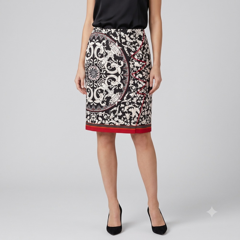 White House Black Market Silk Baroque Ruffle Pencil Skirt Sz 2 Black Red